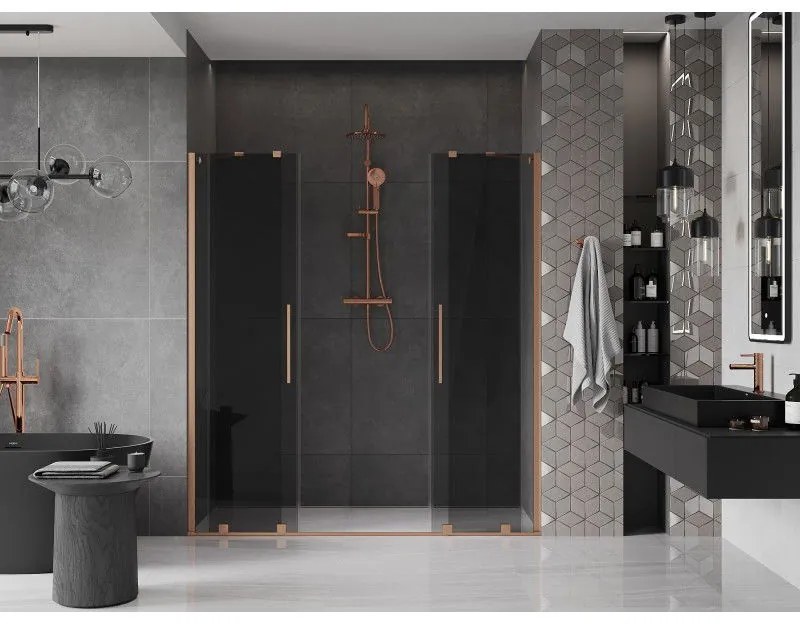Mexen Velar Duo, posuvné sprchové dvere do otvoru 170 cm, 8mm šedé sklo, medená matná, 871-170-000-42-65