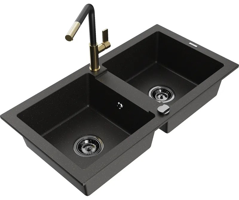 Mexen Mario, 2-komorový granitový drez 820x436x161 mm a drezová batéria Flora, čierna-zlatá metalíza, 6504-75-670401-57-B