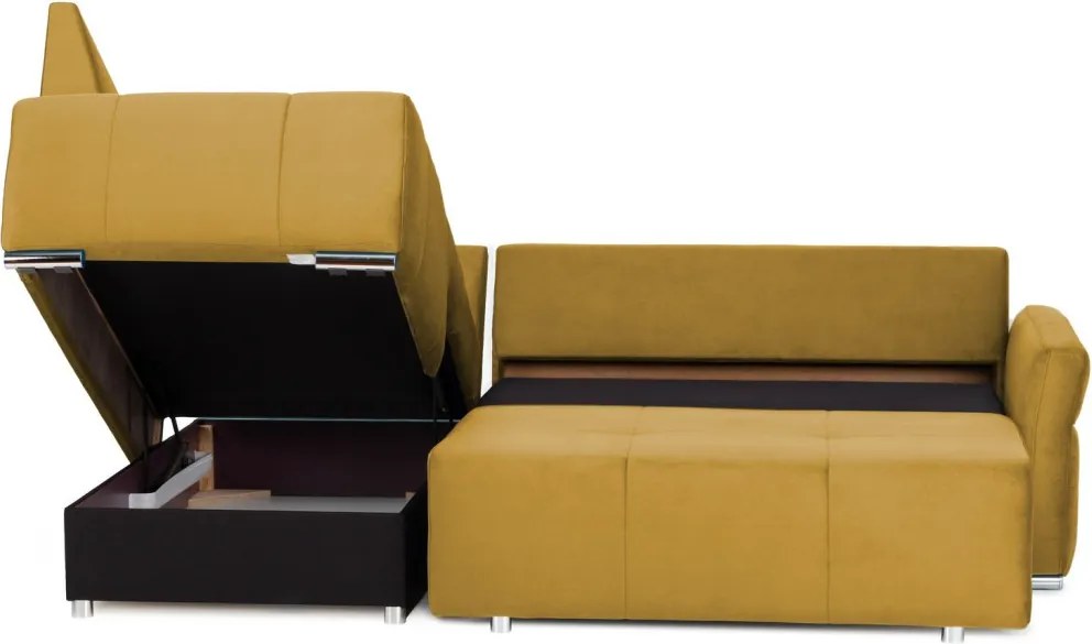 Rohová sedačka na trvalé spanie Island, horčicová žltá látka, ľavý roh