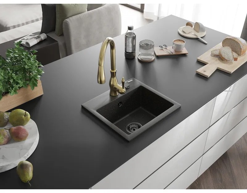 Mexen Milo, 1-komorový granitový drez 435x410x171 mm a drezová batéria Savita, čierna-zlatá metalíza, 6505-75-672601-50-B