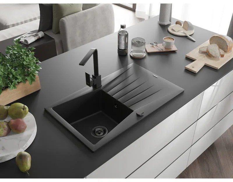 Mexen Cesar, granitový drez 775x470x190 mm, 1-komorový, čierna s čiernym sifónom a čierna drezová batéria Rita, 6514-77-670300-70-B
