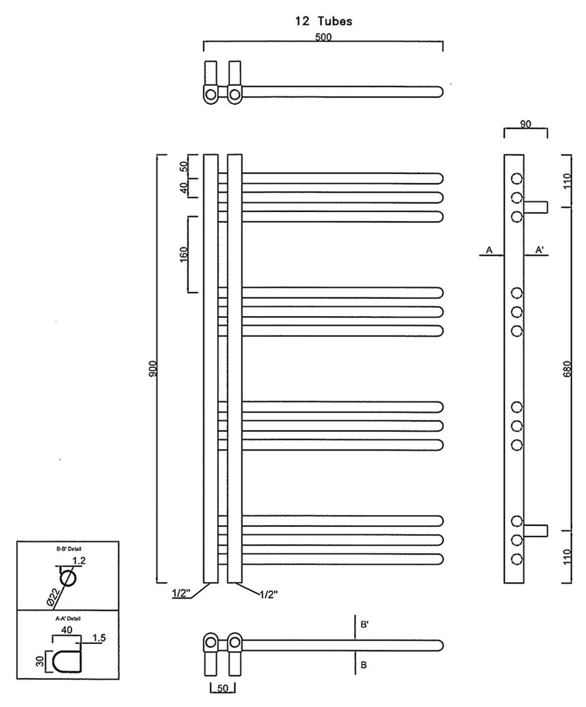 Sapho Sapho, DORLION vykurovacie teleso 500x900mm, čierna matná, 1130-20