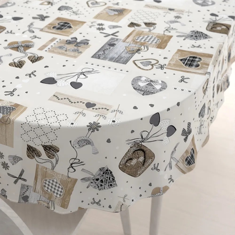 Biante Dekoračný oválny obrus Porto PRT-014 Hnedo-sivé srdiečka na krémovom 80x120 cm