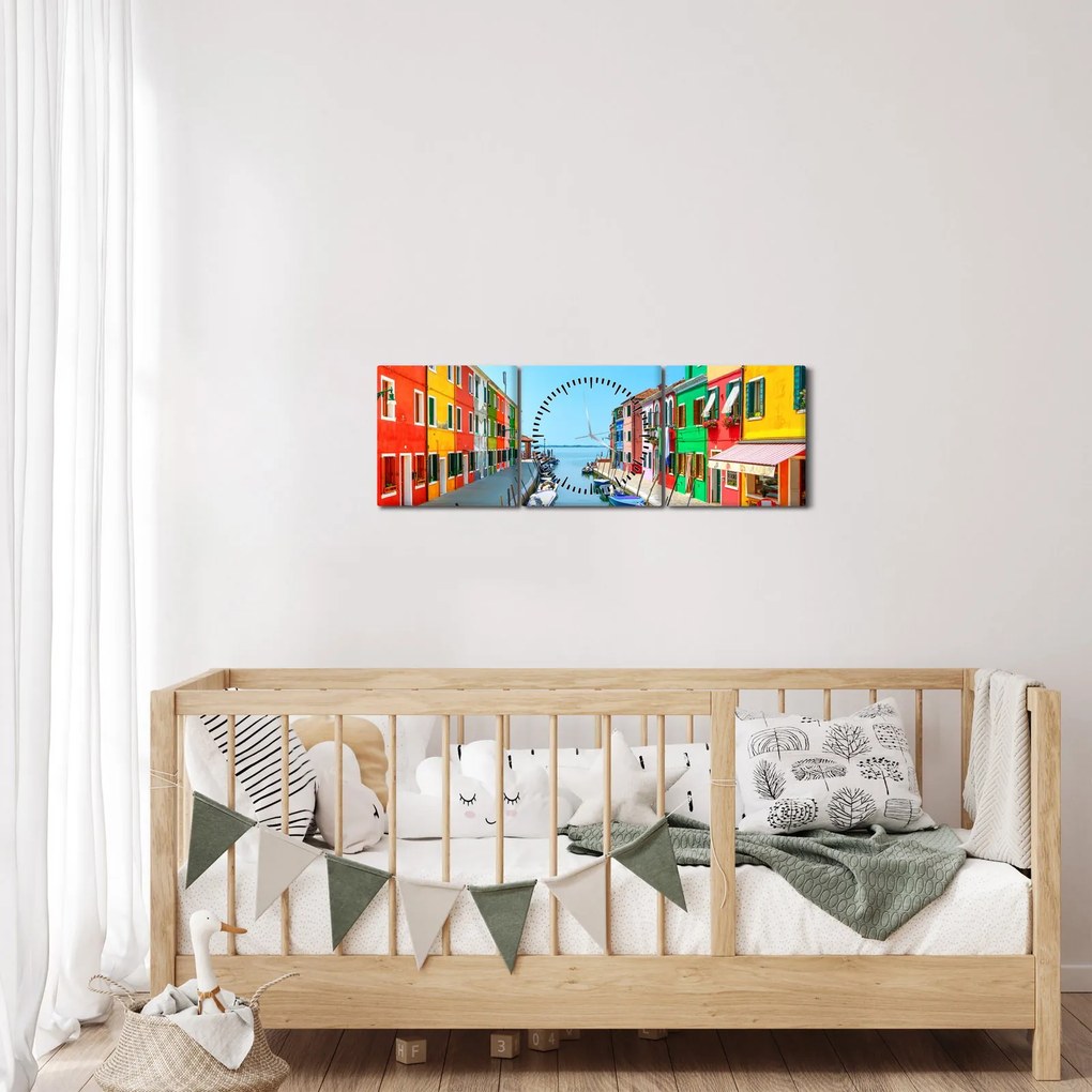 Obraz - Ostrov Burano, Benátky, Taliansko (s hodinami) (90x30 cm)