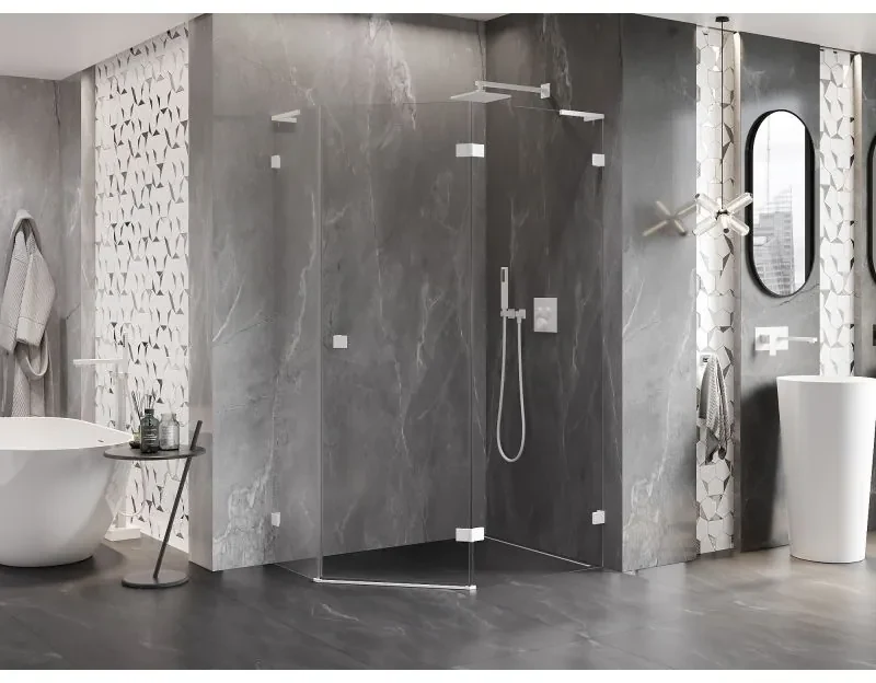 Mexen Lunar, L pravý výklopný päťuholníkový sprchový kút 100 x 90 cm, 8mm číre sklo, biely profil, 831L-100P-090L-20-00-P