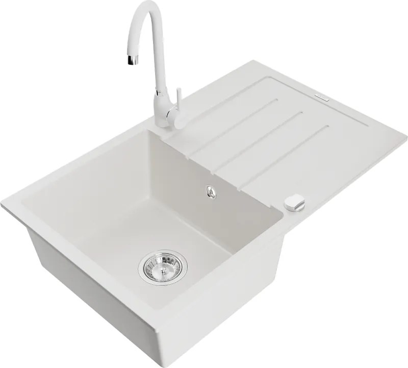 Mexen Bruno granitový jednokomorový drez s odkvapkávačom a kuchynskou batériou Telma, biela- 6513-20-670200-20