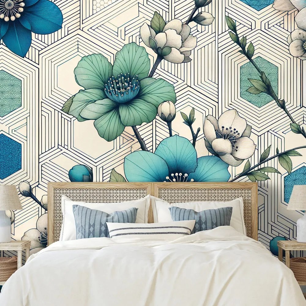 Tapeta modré kvety s geometrickým pozadím