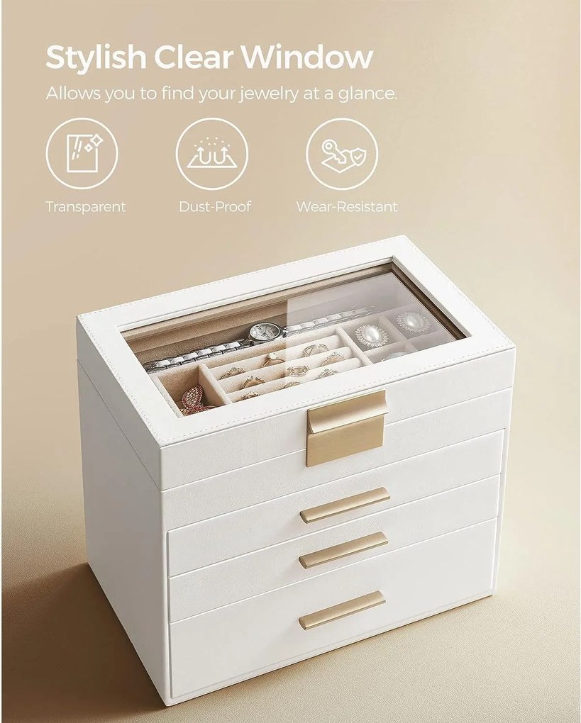 Šperkovnica 4-úrovňová, so skleneným vekom a 3 zásuvkami, biela a zlatá
