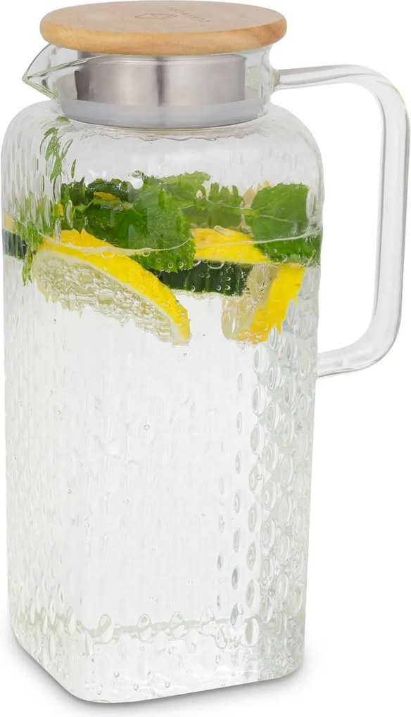 Klarstein Livenza, džbán na vodu, 1,9 l, borosilikátové sklo, sitko z nehrdzavejúcej ocele, vrchnák z dubového dreva