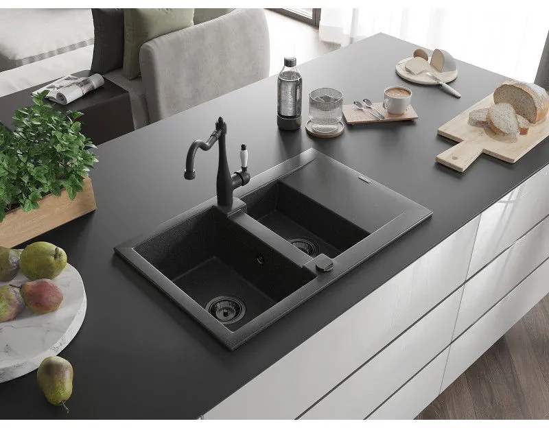 Mexen Gaspar, granitový drez 752x436x161 mm, 1,5-komorový a drezová batéria Carla, čierna škvrnitá, 6507-76-670700-70-B