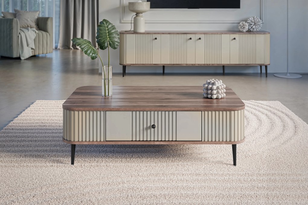 Konferenčný stolík so zásuvkou Vesper 103x60 cm - kašmír / orech / čierne nohy