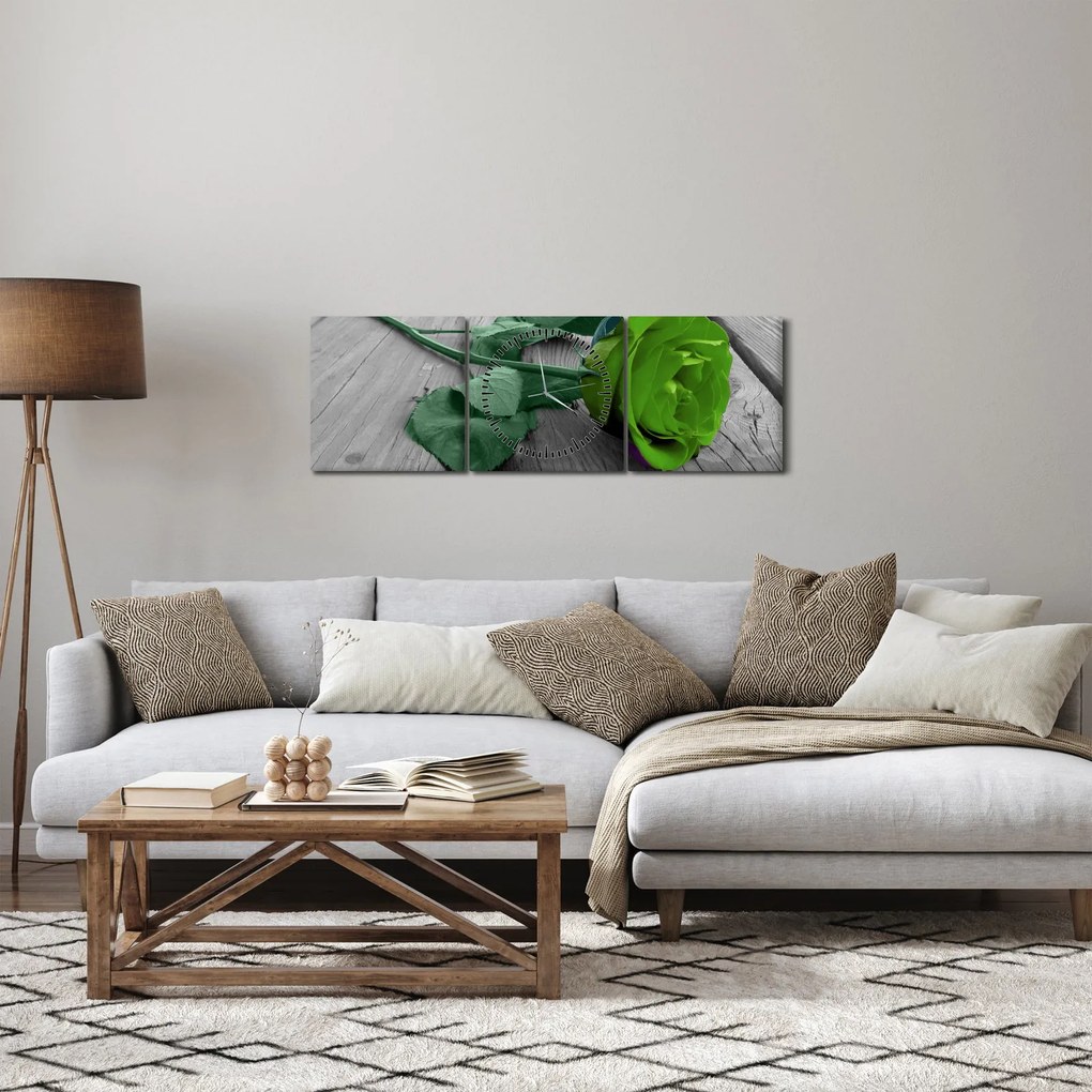 Obraz - Zelená ruža (s hodinami) (90x30 cm)