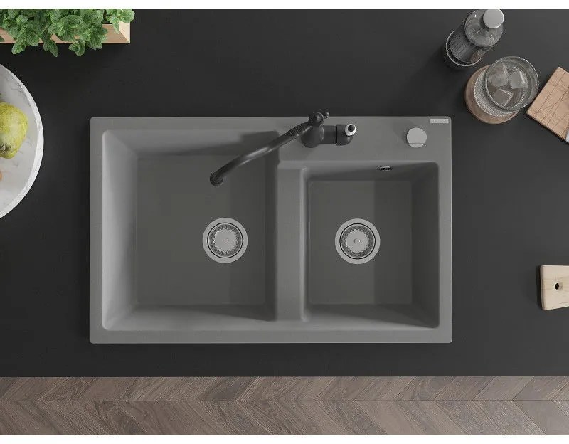 Mexen Tomas, granitový drez 800x500x190 mm, 2-komorový a drezová batéria Carla, šedá, 6516-71-670700-70