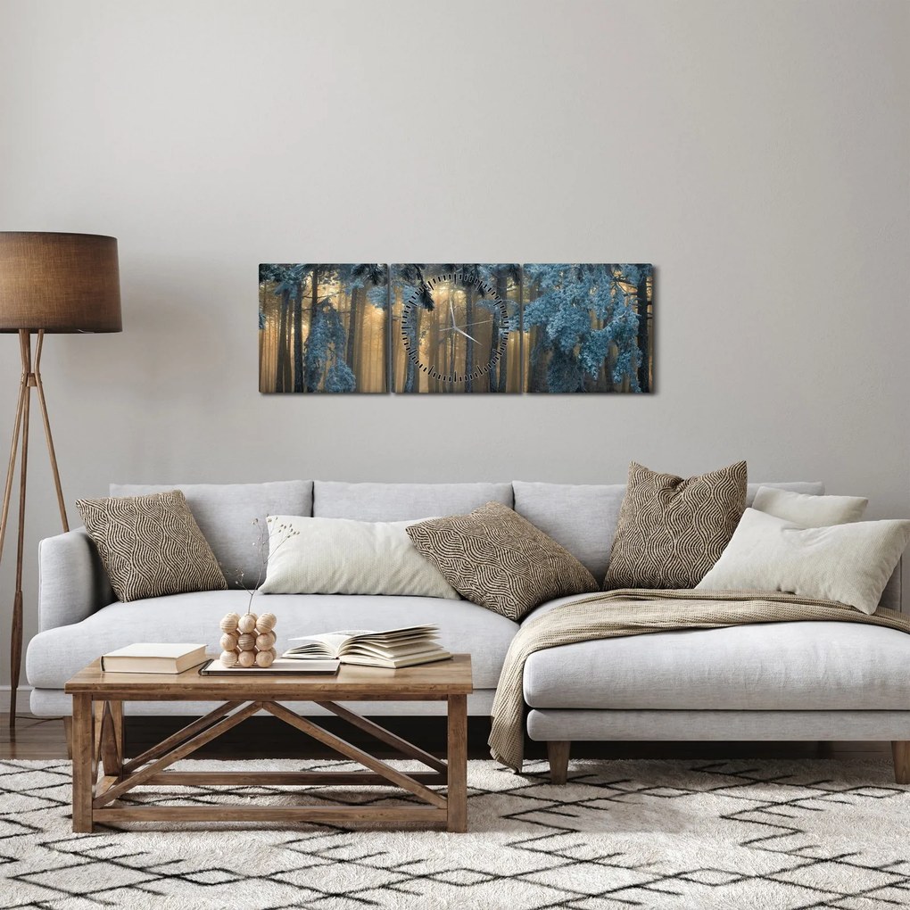 Obraz zasneženého lesa (s hodinami) (90x30 cm)