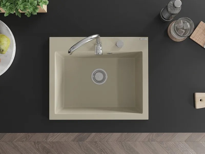 Mexen Elix kuchynský drezu z granitu 1-komorový 600 x 500 mm, béžový, sifón chróm - 6525601005-69