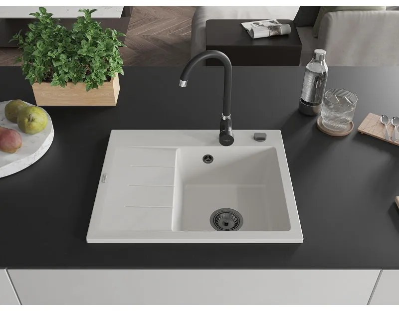 Mexen Ben, 1-komorový granitový drez 600x500x190 mm, pravý + čierny sifón, biela, 6523605000-20-B