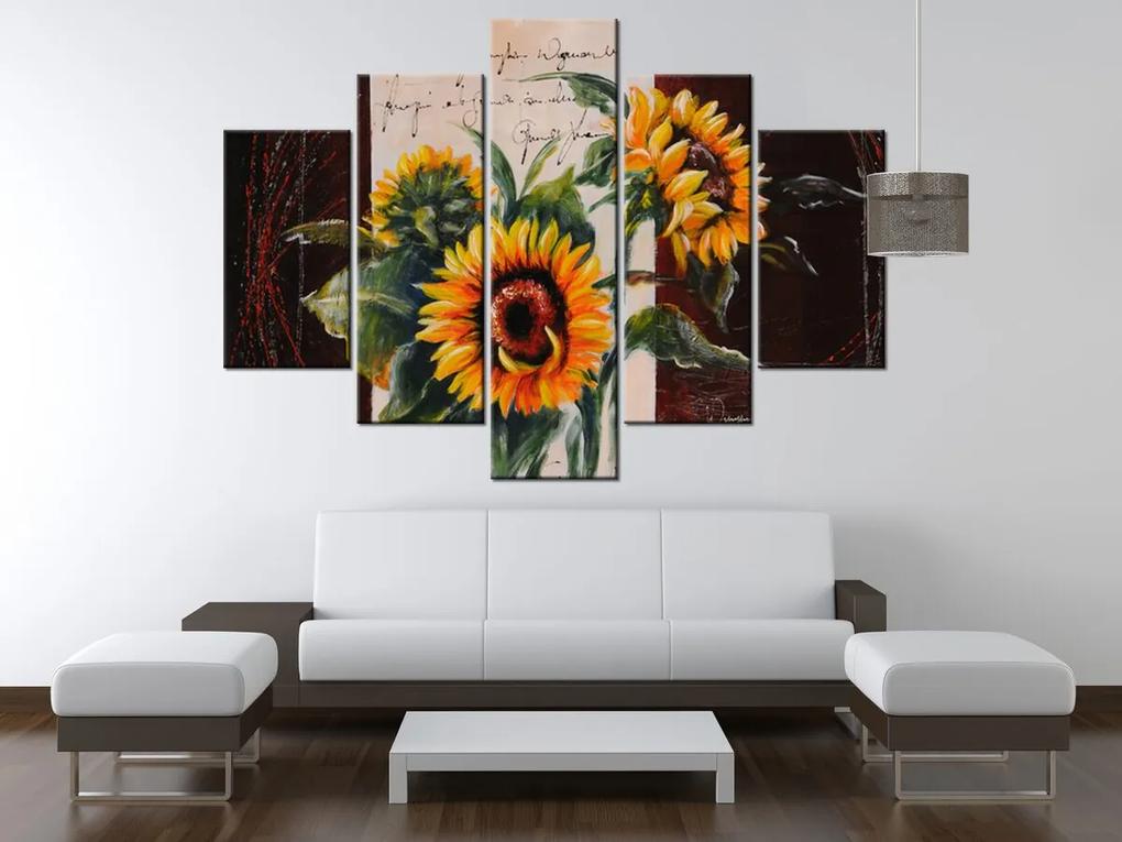 Gario Ručne maľovaný obraz Skromné slnečnice - 5 dielny Rozmery: 150 x 70 cm