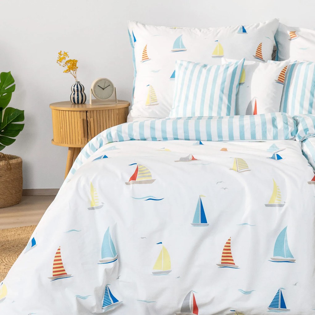 Goldea bavlnené posteľné obliečky - plachetnice s modrými prúžkami 240 x 220 a 2ks 70 x 90 cm