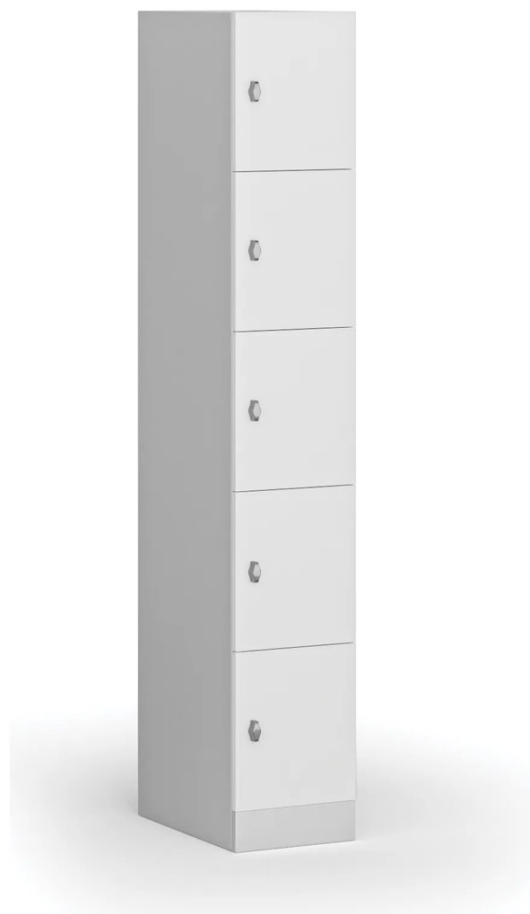 Šatníková skrinka s úložnými boxmi, 5 boxov, 1850 x 300 x 500 mm, demont, otočný zámok, laminované dvere, biela