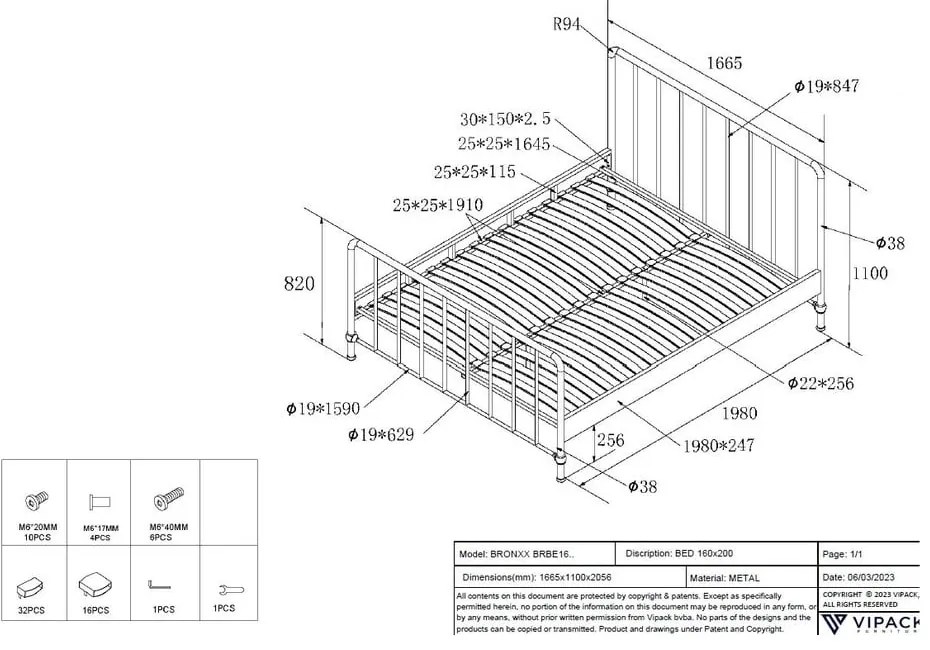 Modrá kovová dvojlôžková posteľ s roštom 160x200 cm BRONXX – Vipack
