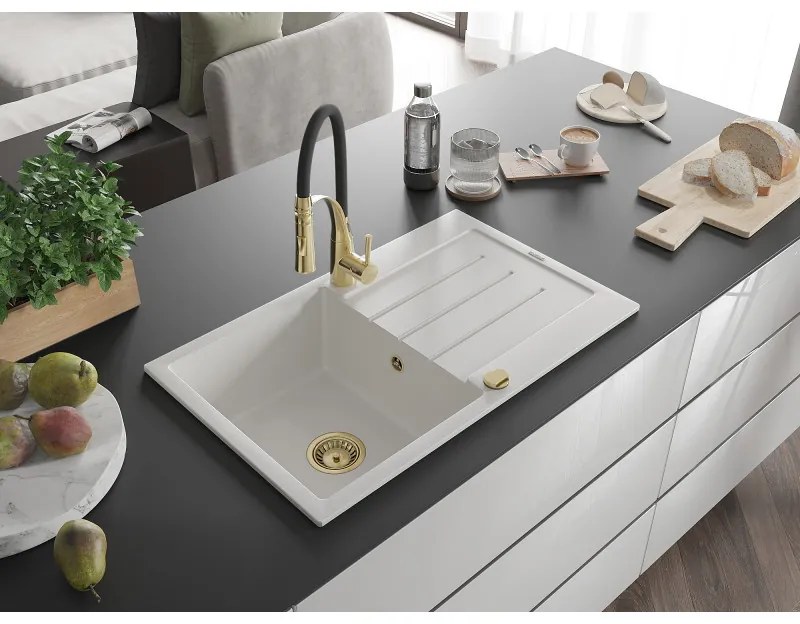 Mexen Bruno, 1-komorový granitový drez 795x495x200 mm a drezová batéria Aster, biela, 6513-20-73450-57-G