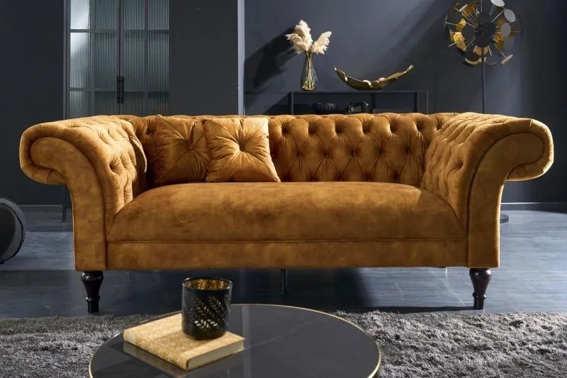 Invicta Interior - Elegantná 3-miestna pohovka Chesterfield PARIS 225 cm zamat, horčicovo žltá