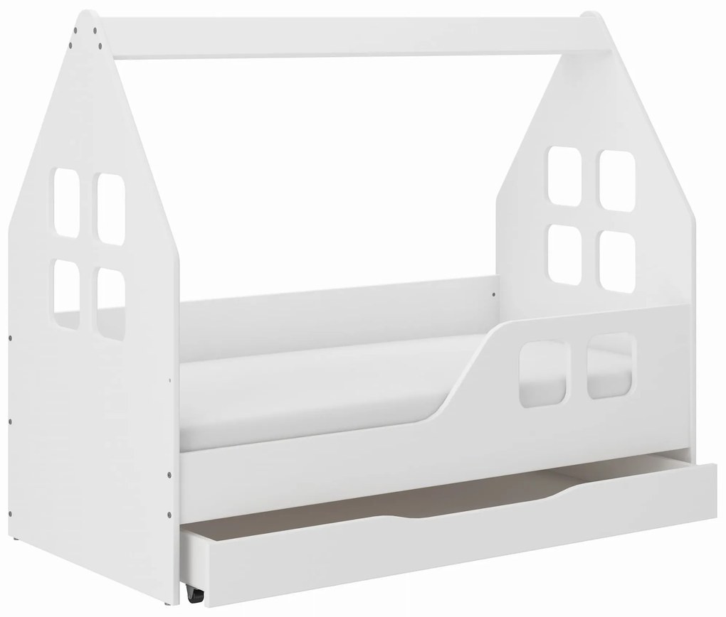 Detská domčeková posteľ KIDHOUSE so zásuvkou - biela - pravá - 140x70 cm
