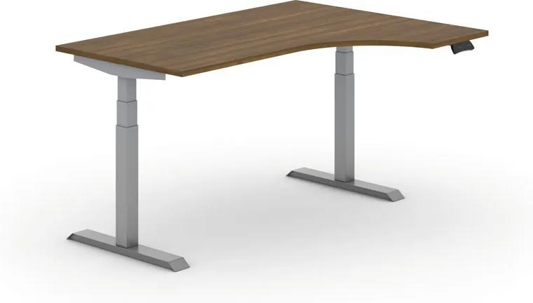 Výškovo nastaviteľný stôl PRIMO ADAPT, elektrický, 1600x1200x625-1275 mm, ergonomický pravý, doska 1600x1200 mm, orech, sivá podnož