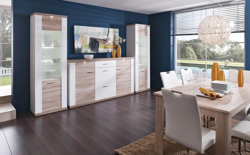 Vysoká vitrína Caracas typ 01, dub/biely lesk, s osvetlením