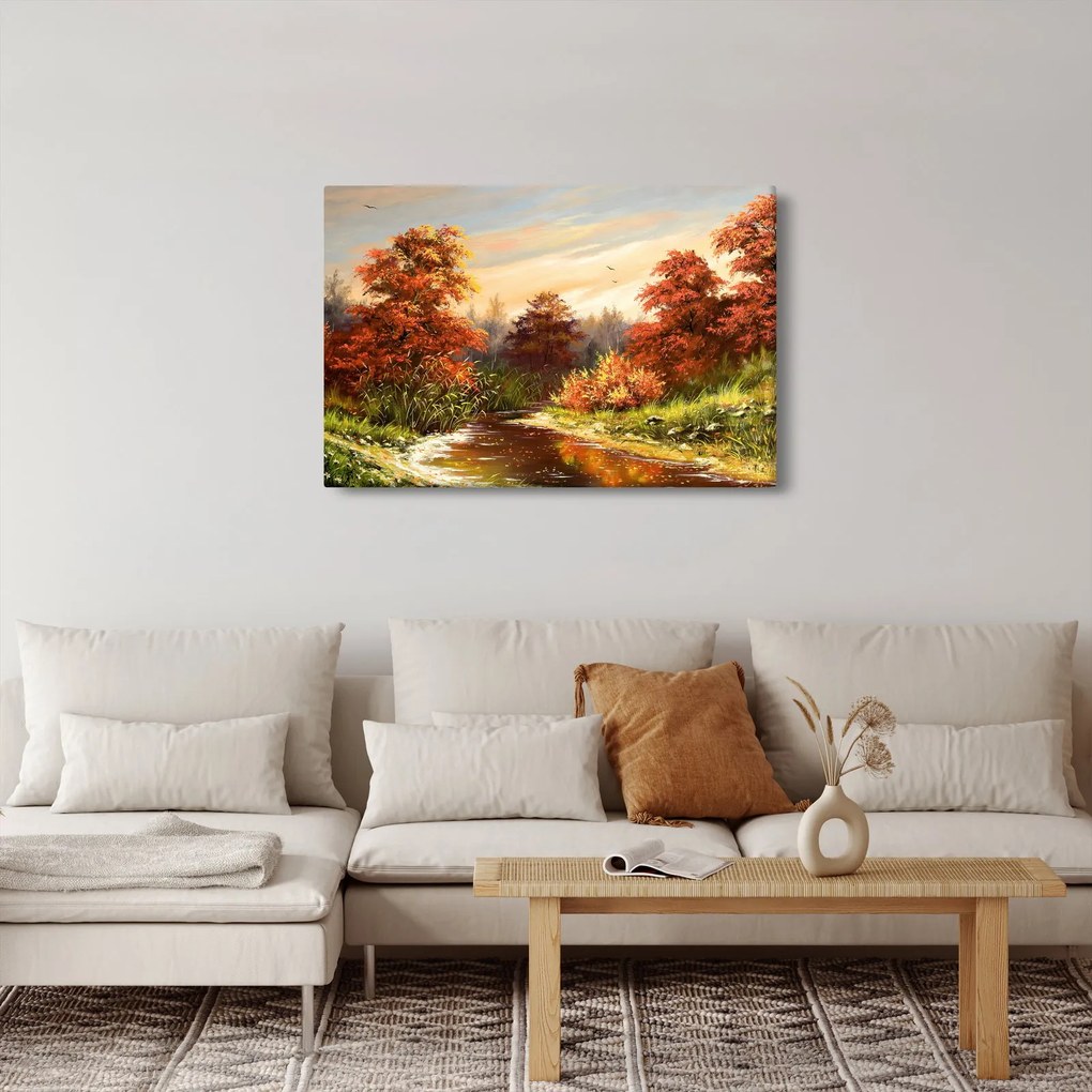 Obraz rieky v jesennej krajine, olejomaľba (90x60 cm)