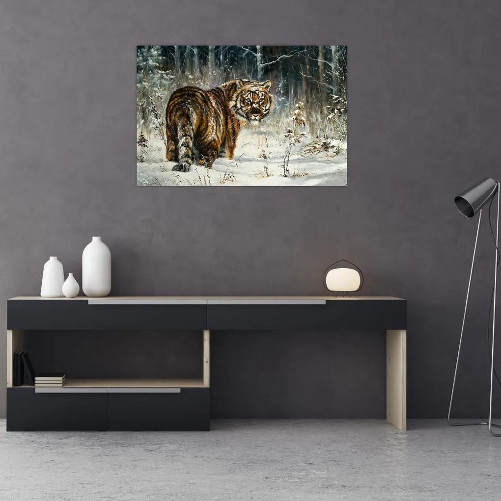 Obraz - Tiger v zasneženom lese, olejomaľba (90x60 cm)