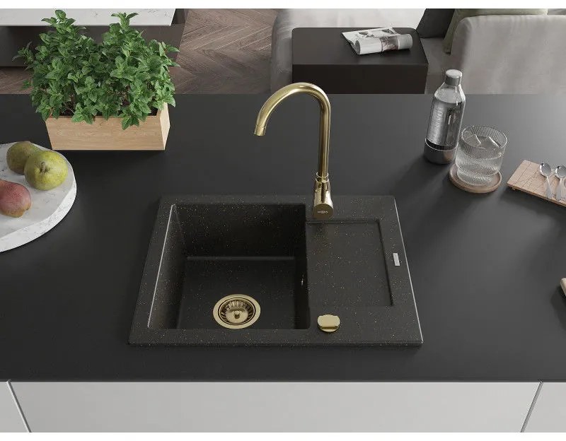 Mexen Enzo, 1-komorový granitový drez s odkvapkávačom 58x47 cm a kuchynskou batériou Telma, čierna-zlatá, 6506-75-670200-50
