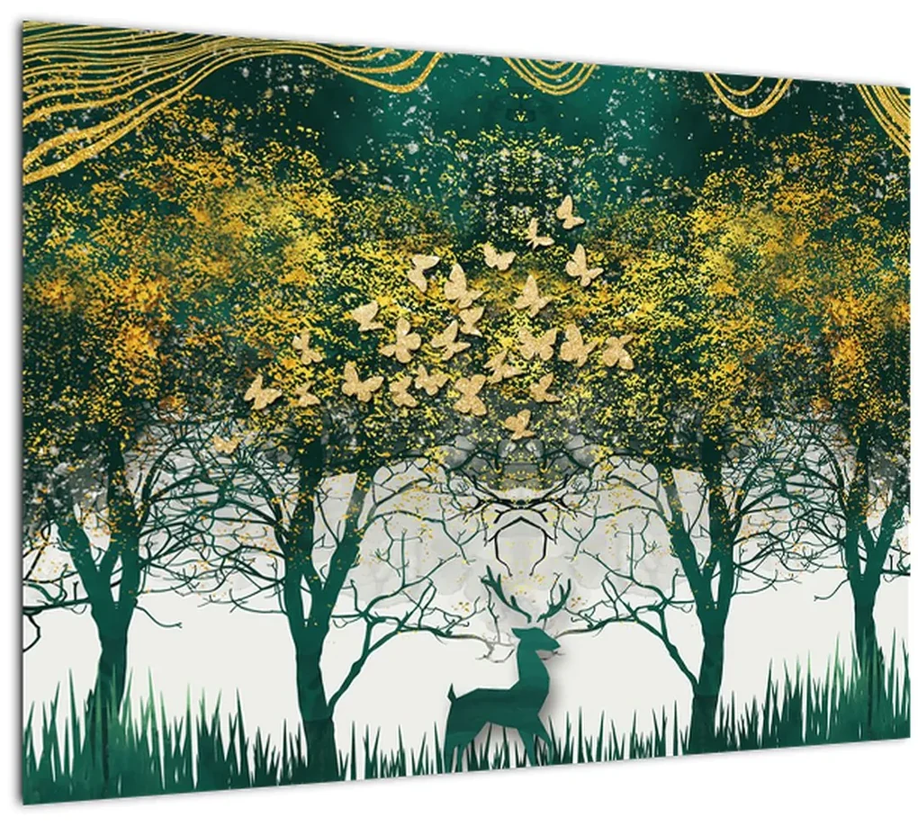 Sklenený obraz - Jelene v zelenom lese (70x50 cm)
