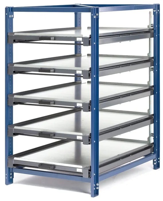 Skladový regál, 100% výsuv políc, bez prepraviek, nosnosť 150kg / polica