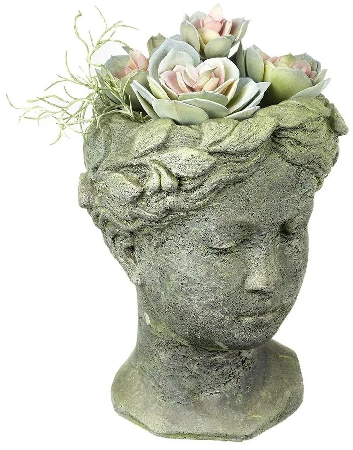 Šedo-zelený antik cementový kvetináč hlava ženy - 15*15*25 cm