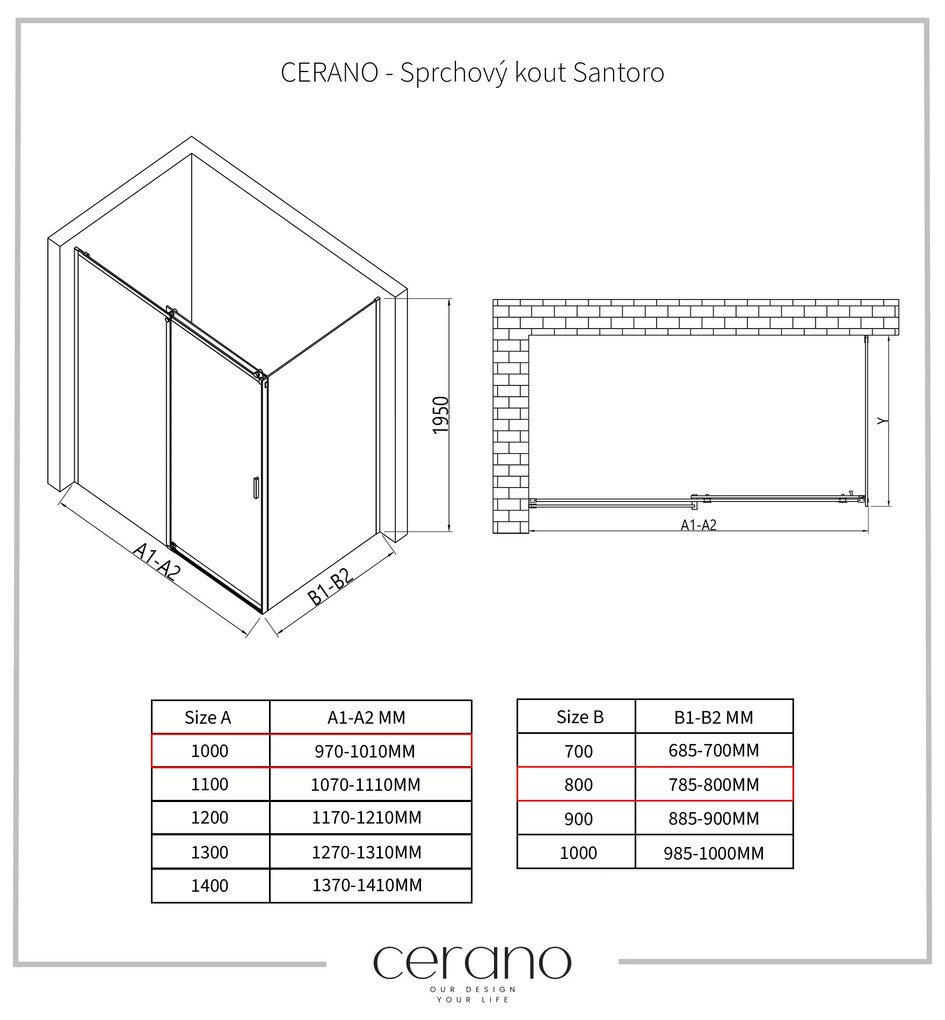 Cerano Lantono, sprchovací kút s posuvnými dverami 100(dvere) x 80(stena) x 195 cm, 8mm číre sklo, čierny profil, CER-CER-431479