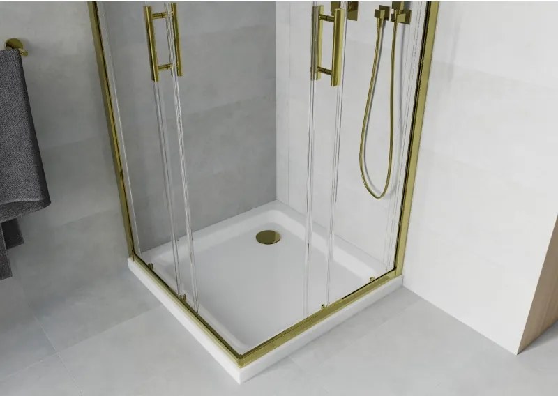 Mexen Rio štvorcový sprchový kút 90 x 90 cm, priehľadný, zlatý + sprchová vanička Flat, biela - 860-090-090-50-00-4010G
