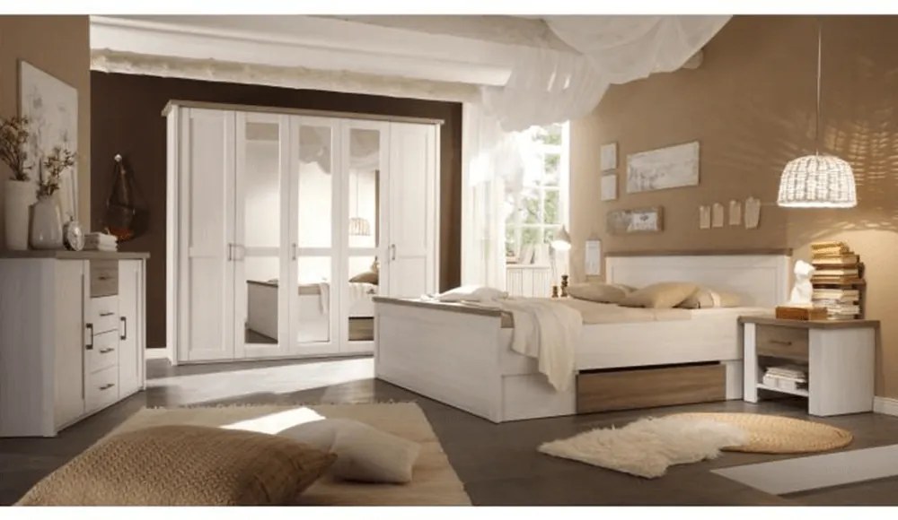 Spálňový komplet (posteľ, 2 nočné stolíky, skriňa), pínia biela/dub sonoma truflový, LUMERA