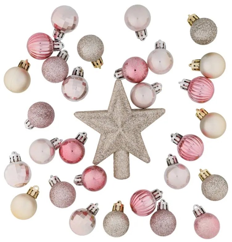 DECOLED Sada ozdôb, 29x 3cm guľa, 1x trblietavý hrot, ružová a strieborná
