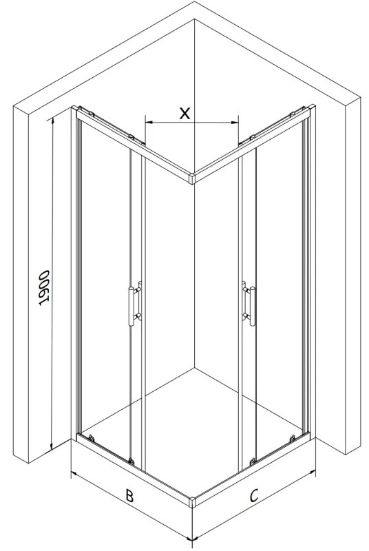 Mexen Rio, štvorcový sprchovací kút s posuvnými dverami 80(dvere) x 80(dvere) x 190 cm, 6mm sklo námraza, čierny profil + čierna sprchová vanička SLIM, 860-080-080-70-30-4070B