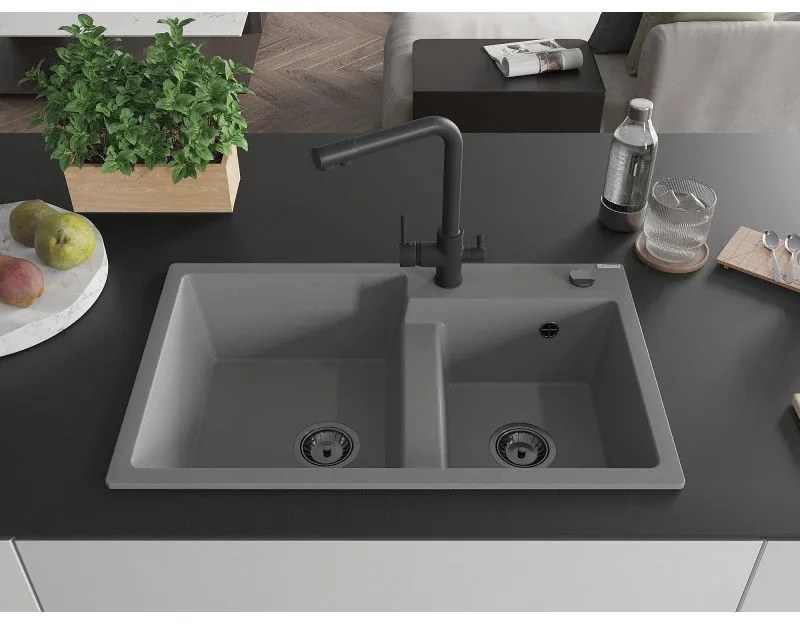 Mexen Tomas, granitový drez 800x500x190 mm, 2-komorový a čierna batéria Duero, šedá, 6516-71-671600-70-B