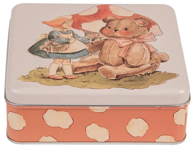 Béžová plechová krabička s medvedíkom - 17*17*6 cm