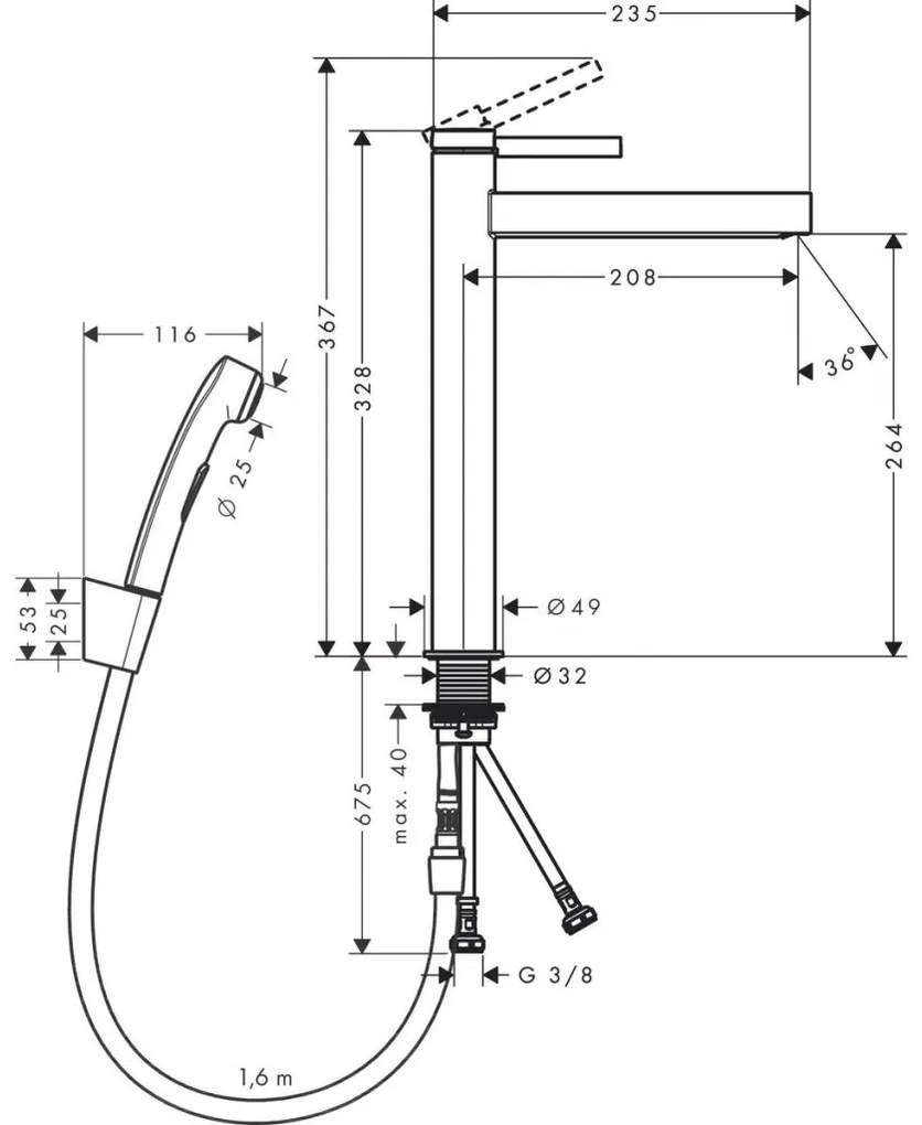 Hansgrohe Finoris - Páková umývadlová batéria 260 s ručnou sprchou Bidette a sprchovou hadicou 160 cm, čierna matná 76220670