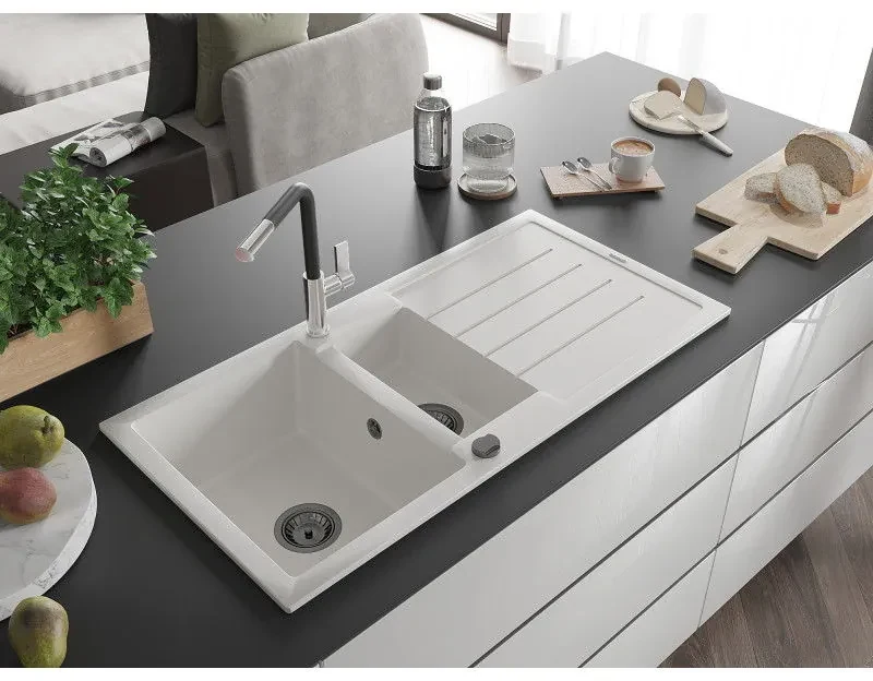 Mexen Andres, 1,5-komorový granitový drez 1000x500x200 mm a drezová batéria Flora, biela, 6515-20-670401-07-B