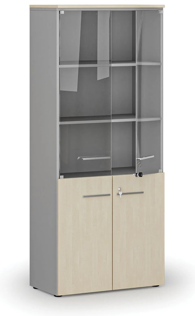 Kombinovaná kancelárska skriňa PRIMO GRAY s drevenými a sklenenými dverami, 800 x 420 x 1781 mm, sivá/breza
