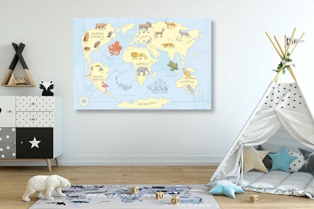 Obraz mapa sveta so zvieratami - 120x80