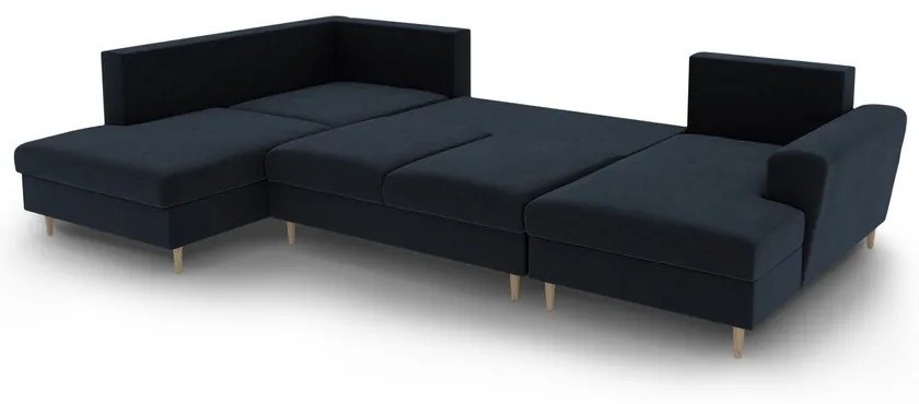 Tmavomodrá zamatová rozkladacia/s úložným priestorom rohová pohovka (ľavý roh/do "U") Kyoto – Cosmopolitan Design