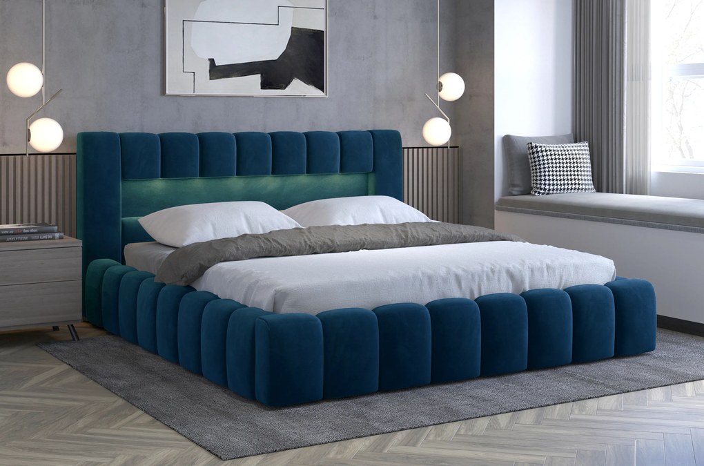 Manželská posteľ 180 cm Luxa (tmavomodrá) (s roštom, úl. priestorom a LED). Akcia -20%. Vlastná spoľahlivá doprava až k Vám domov. 1041574