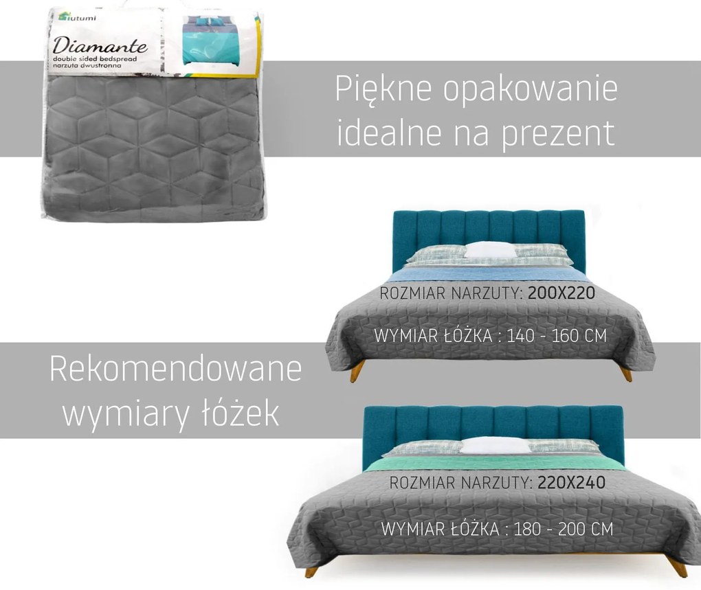 Tutumi Diamante, obojstranný prešívaný prehoz na posteľ 220x240 cm, svetlá šedá-zelená, NAZ-00714