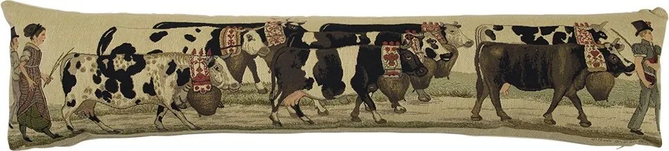 Béžový gobelinový dlhý vankúš s kravami Cowbell - 90*15*20cm